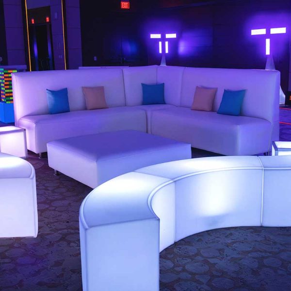 Glow collection wave bench with Lounge Collection high back sofa rentals from Niche Event Rentals | Tyson Bonar Photography