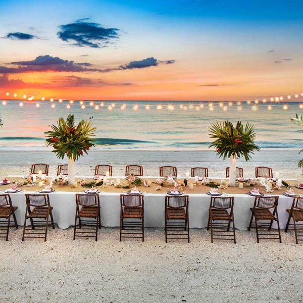 Intimate beach front wedding reception with bamboo chair rentals and foliage from Niche Event Rentals