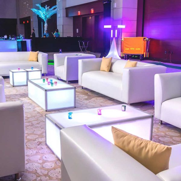 Lounge collection sofas and chairs with Sky Collection coffee table rentals from Niche Event Rentals | Tyson Bonar Photo
